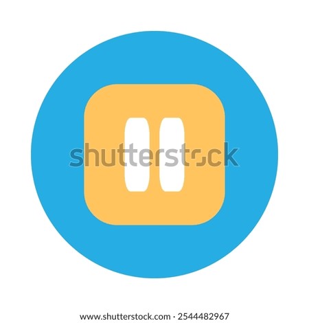 Yellow square pause button on round blue sticker background icon. Suspension of presentation and technical assignment element. Simple flat vector isolated on white background