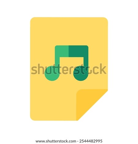 Green musical melody sign on yellow rectangular sticker with curled corner icon. Bookmark of favorite audio track in internet media player element. Simple flat vector isolated on white background