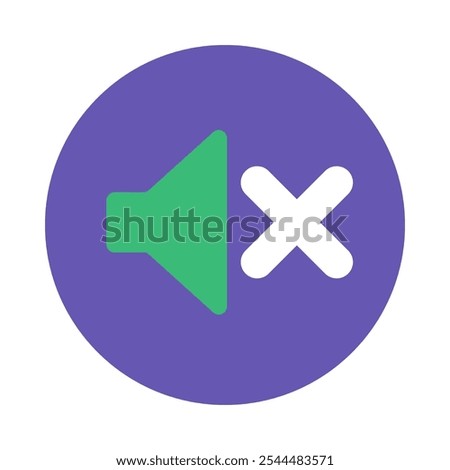 Round sticker with crossed out audio speaker icon. Mute missing sound on audio device, temporary technical malfunctions element. Simple flat vector isolated on white background