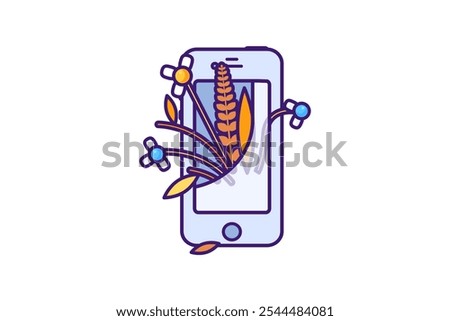 Vector graphic illustration of dry nosegay growing out from phone in outline cartoon style. Depressed or sad state of mind. Nostalgia. Psychology and mood icon