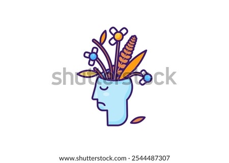 Vector graphic illustration of wilted nosegay blooming out from head in stroked cartoon style. Depressed or sad state of mind. Nostalgia. Psychology and mood icon. Florist or flower shop