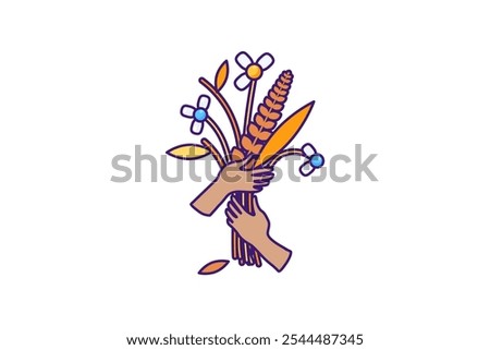 Vector graphic illustration of hands holding a bunch of wilted flowers in stroked cartoon style. Fleeting nature of beauty, sadness or nostalgia. Bright autumnal season