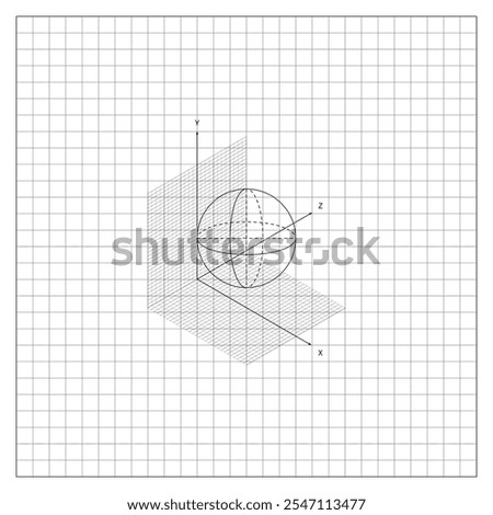 Image of Sphere with vertical and horizontal sections constructed on coordinate grid on notebook sheet of checkered paper. School paper sheet lined in cage with mathematical drawing of sphere. Vector