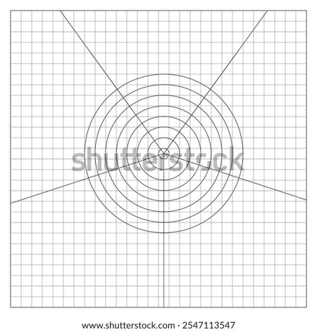 Image of target made of circles divided into equal sections from central point on notebook sheet of checkered paper. School paper sheet lined in a cage with mathematical drawing of target circles