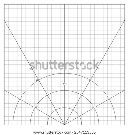 Image of arcs diverging from single point, divided by straight lines into sections at angles on notebook checkered paper. School paper sheet lined in cage with mathematical drawing of arcs diverging