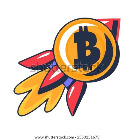 Multi colored Bitcoin cryptocurrency coin taking off like rocket. Increase in the exchange value of crypto asset. Value of currency. Futuristic cartoon outline vector isolated on white background