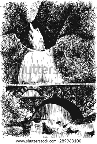 Vector mountain landscape with waterfall by hatching in eps, nature scetch, waterfall poster
