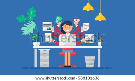 Workspace of Professional Working Developer, Programmer, System Administrator or Designer with desk, chair, notebook Business project or startup concept. Employee office workplace. Vector