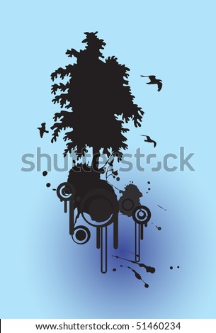 abstract floral tree silhouette background and birds flying, with place for your text