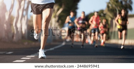 Similar – Image, Stock Photo Athlete runner feet running on treadmill closeup on shoe. Workout and diet concept.