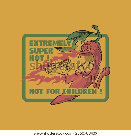 retro cartoon emblem of chilli fire off his hotdog