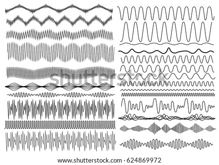 Set of wavy curved and horizontal lines. Vector illustration. Isolated on white background. Freehand drawing.