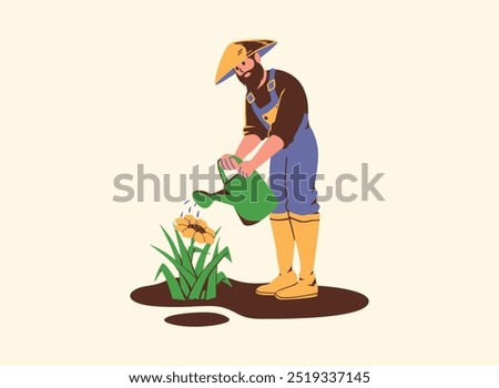 A farmer in a hat and boots waters a plant with a green watering can. A cartoon-style illustration of agricultural care and gardening.