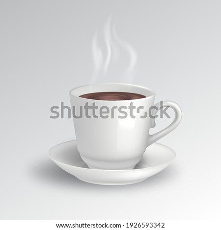 Cup with coffee on a saucer.A steaming hot drink.Мock-up.Ceramic products.Template for design.3D.Vector photorealistic illustration.   
 
 