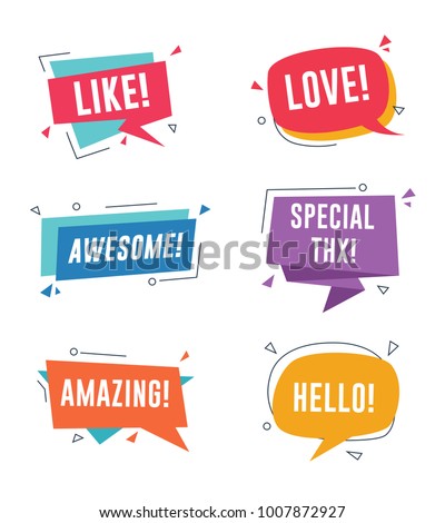 Speech bubble with short messages. Like, love, awesome, amazing, special thanks