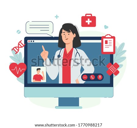 Online medical advice or consultation service with patient and female doctor on computer screen