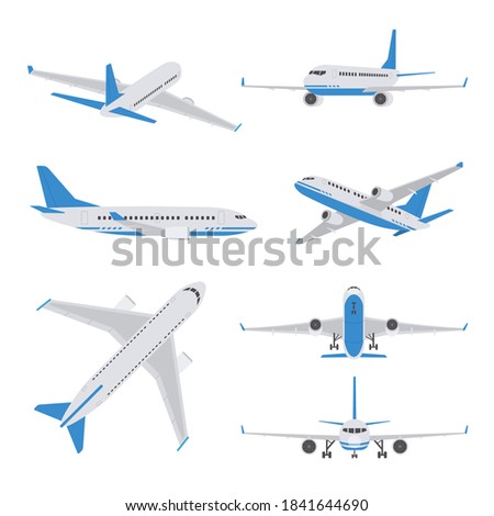 Passenger aircraft in different views. Set of airplane in flat style
