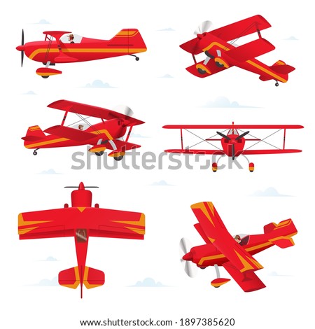 Aerobatic biplane aircraft in different views. Light aircraft illustration
