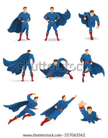 Superhero in Action. Set of Superhero character in 9 different poses with blue cape and blue suit. You can place your company name and logo on their chest.