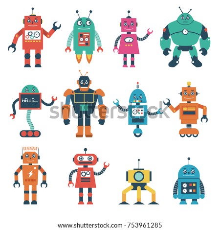 Set of Robot Characters Isolated on White Background