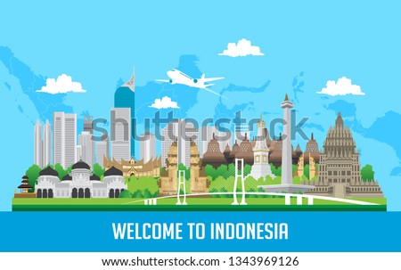 Vector color Flat design, Illustration of Indonesia Icons and landmarks