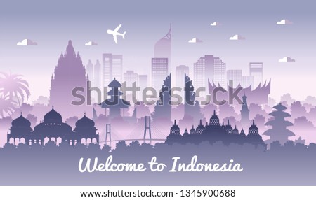 Vector color design, Illustration of Indonesia Icons and landmarks. Indonesia in garden theme