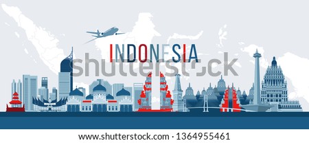 Illustration, vector of Indonesia Icons and landmarks.