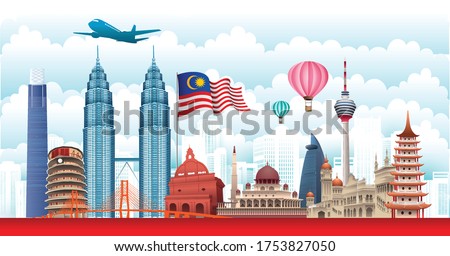 Vector design Ilustration of city of Malaysia landmark, Kuala Lumpur and flag. Malaysia Travel concept.