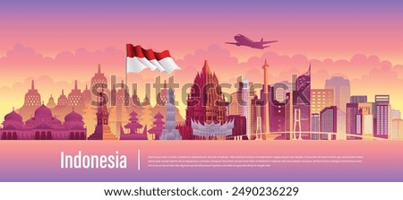 Vector design Ilustration of Indonesia landmark and flag. Indonesia garden theme and travel concept.