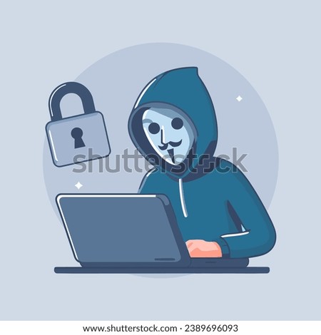 Anonymous hacker using laptop computer in incognito mode vector illustration concept