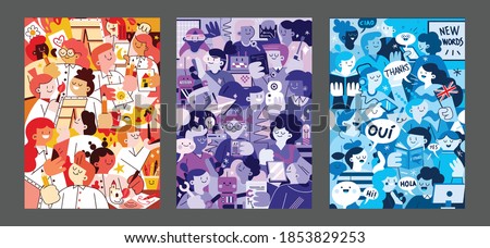 Set of creative student studied languages courses, Robotic courses, and Art Courses hand painted illustrations for wall decoration, postcard or brochure cover design. Vector EPS10