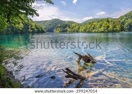 Beautiful landscape Kozjak lake. Sunny day, clouds. Plitvice Lakes, Croatia.
