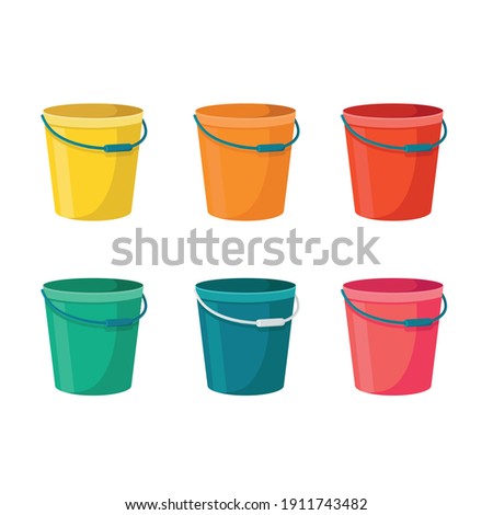Six buckets on a white background red, orange, yellow, green, pink and blue