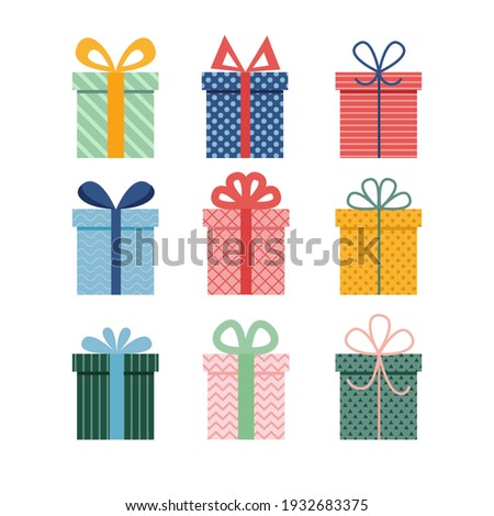Vector set of different colorful wrapped gift boxes. Christmas gift boxes. Party gifts.