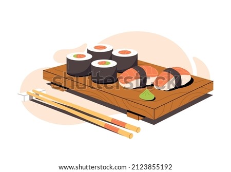 Vector illustration of sushi and sashimi. Asian food sushi on wooden board with sushi chopsticks and wasabi. Sushi illustration with trout fish, salmon in trendy minimalism style.