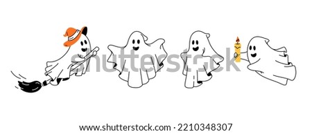 Set of cute funny happy ghosts. Baby creepy boo characters for kids. Magic scary spirits with different emotions and facial expressions. Isolated trendy vector illustration for Halloween