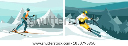 Set of Vector illustrations winter background, poster, postcard, website. Advanced skiers man and woman slides near the mountain downhill. Cross-country skiers.