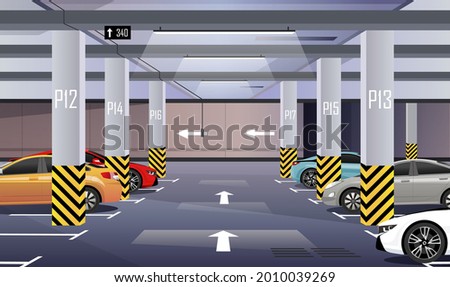 Cars are parked in the underground car park in the business center or shopping and entertainment center. Parking place. Vector illustration