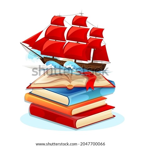 Scarlet sails is travelling on waves in the ocean. Red, orange and blue books in the background. Concept of education and graduation. Vector illustration