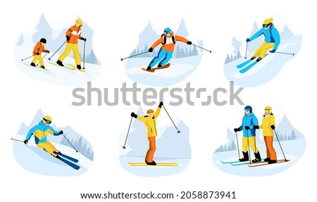 Set of skiers isolated on white background. Skier rides, jumps, slides in mountains. Ski actions: downhill, slalom, freeride, ski jumping, freestyle. Skiing in winter Alps. Vector illustration