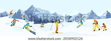 Winter mountain landscape with many different skiers. Happy man, woman with kids ride skis in Alps. Blue sky, tops of rocks on background. Winter sport activities. Skiing resort. Vector illustration