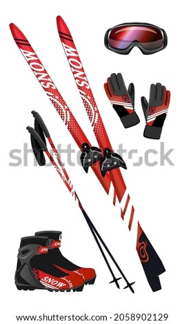 Set of ski equipment. Banner with red black skis, ski boots and poles, sport gloves, face mask on grey background. Snow texted with white letters on shoes and skis. Vector illustration