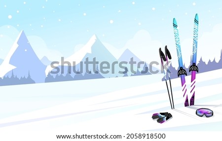 Winter mountain landscape poster, set ski equipment in front. Banner of mountain landscape, snowfall and sky on background. Purple, blue, skis, gloves, ski poles and mask on snow, Vector illustration