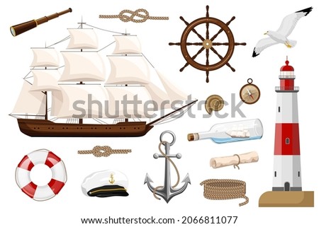 Sea set of isolated objects. Ship, rope, knot, telescope, anchor, stripped lifebuoy, captain's cap, seagull, rudder, compass, lighthouse, map, bottle, shell on white background. Vector illustration