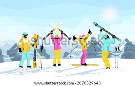 Winter mountain landscape with skiers. Happy man and woman stands with skis with Alps in background. Blue sky, tops of rocks on background. Winter sport activities. Skiing resort. Vector illustration