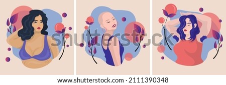 Body positive beautiful different skin color girls with red lips in bra, underwear. Woman with hairy armpits. Happy bald girl. Plus size beauty. Self love, acceptance concept. Vector illustration Stock foto © 