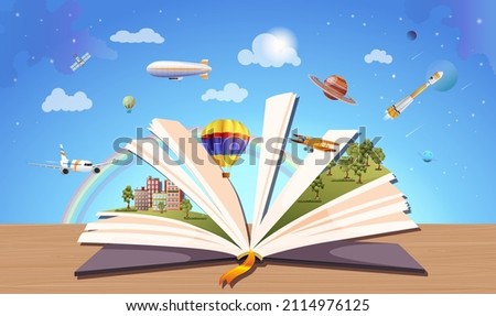 Open book, world inside. Imagination, fantasy, magic in literature concept. Season fairy tale, storybook, textbook. Town, forest, aerostat, rocket, plane, space, sky. Vector illustration