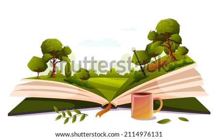 Open book, summer nature, bench, park inside. Imagination, fantasy, magic in literature concept. Season fairy tale, storybook, textbook. Forest landscape picture. Leaf, cup of tea. Vector illustration