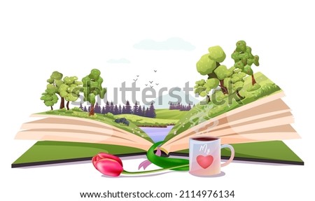 Open book, spring nature inside. Imagination, fantasy, magic in literature concept. Season fairy tale, storybook, textbook. Lake, forest landscape picture. Tulip, cup of tea. Vector illustration