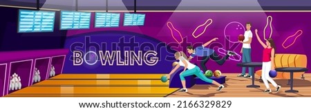 People playing in bowling club. Woman and man playing bowling in hall with alleys. Girls enjoy of game. Scoreboard screens. Players entertainment activity, Friends on recreation. Vector illustration